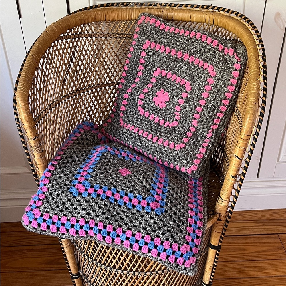 2 vintage Handcrafted Granny Square Crochet Accent Pillows